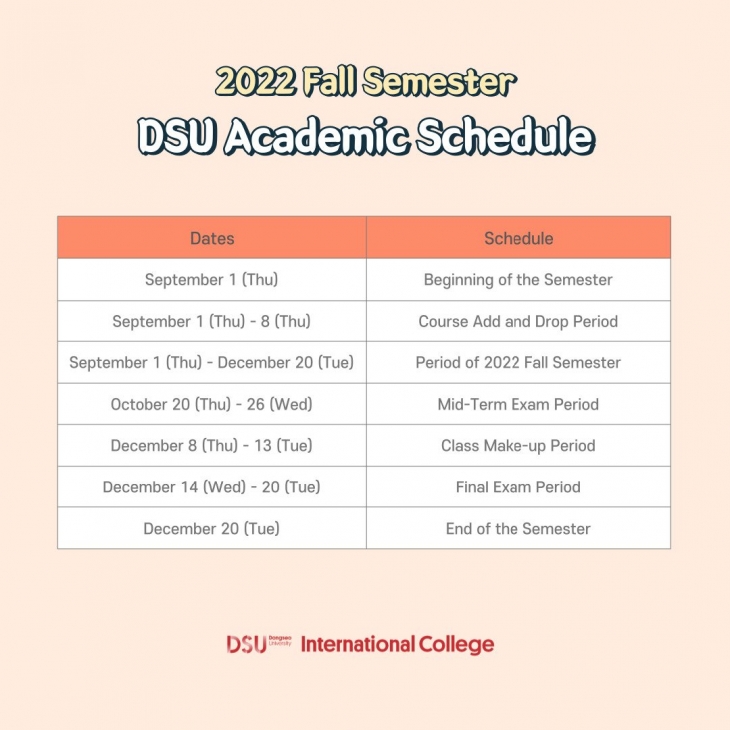 Academic schedule in the fall semester of 2022