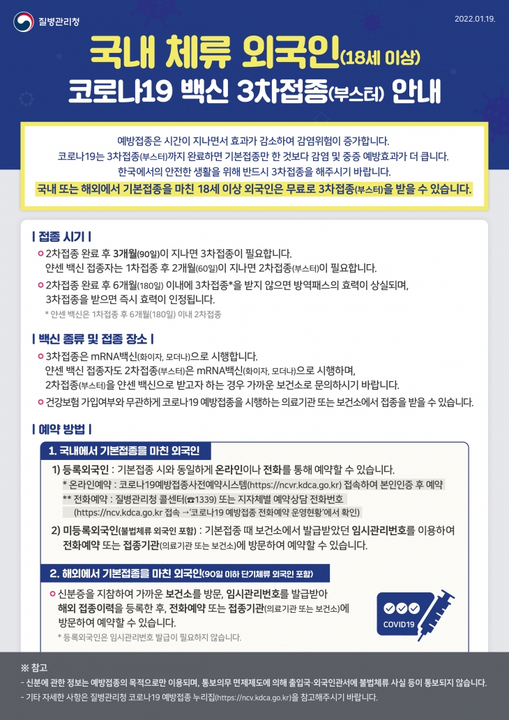 국내 체류 외국인 3차접종 안내문 COVID-19 Booster Shot Guideline for Foreign Nationals Staying in the Republic of Korea