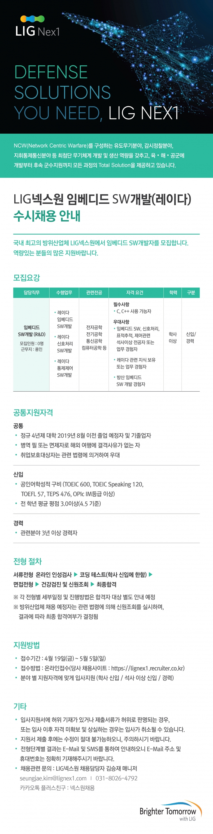 2019 LIG넥스원 임베디드 SW개발(레이다) 수시채용 안내 ~5/5