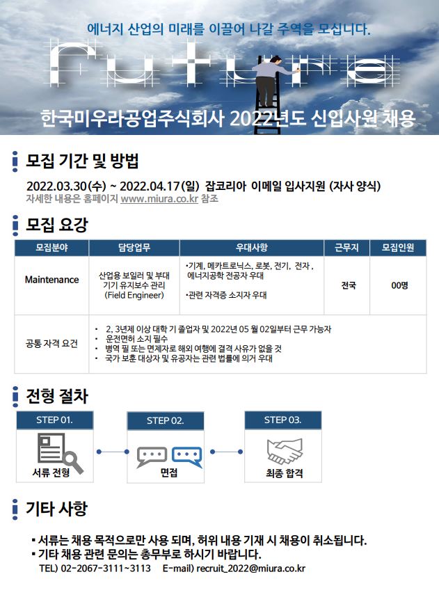 2022년 한국미우라공업 채용 홍보문