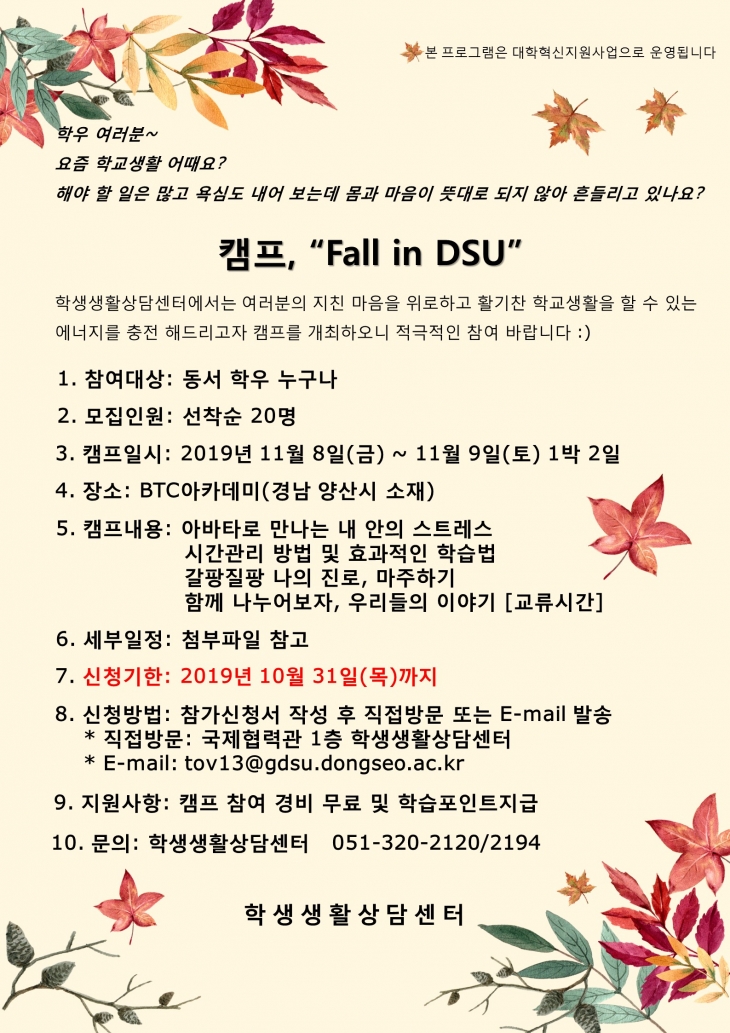 캠프, "Fall in DSU" 안내